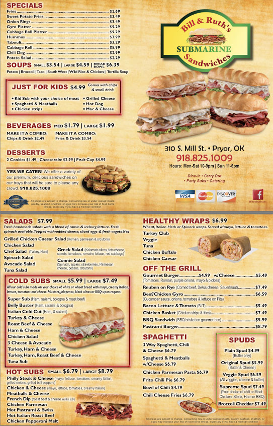 Bill And Ruths Subs And Burgers Pryor General Menu