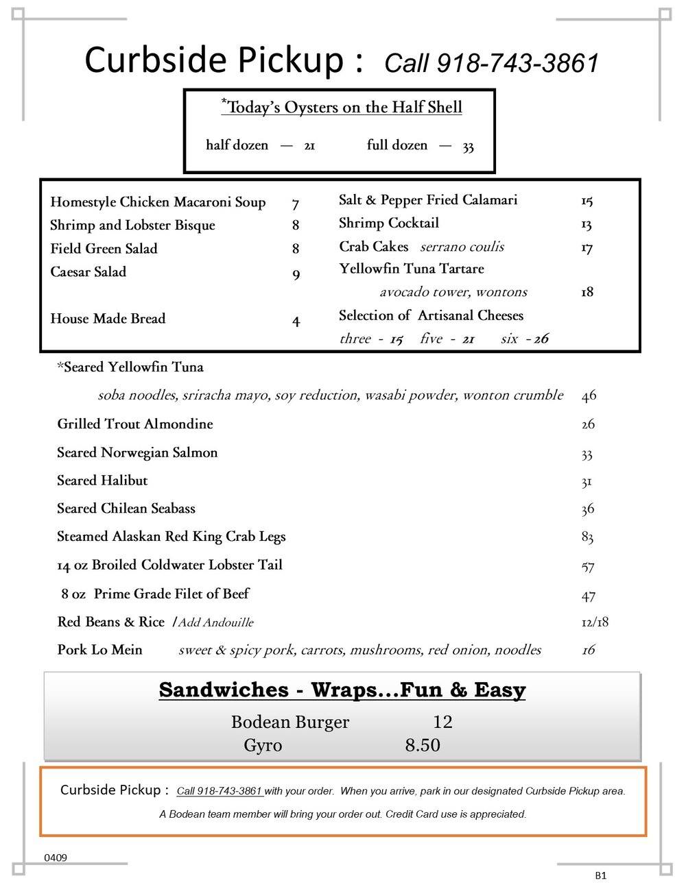 Bodean General Menu