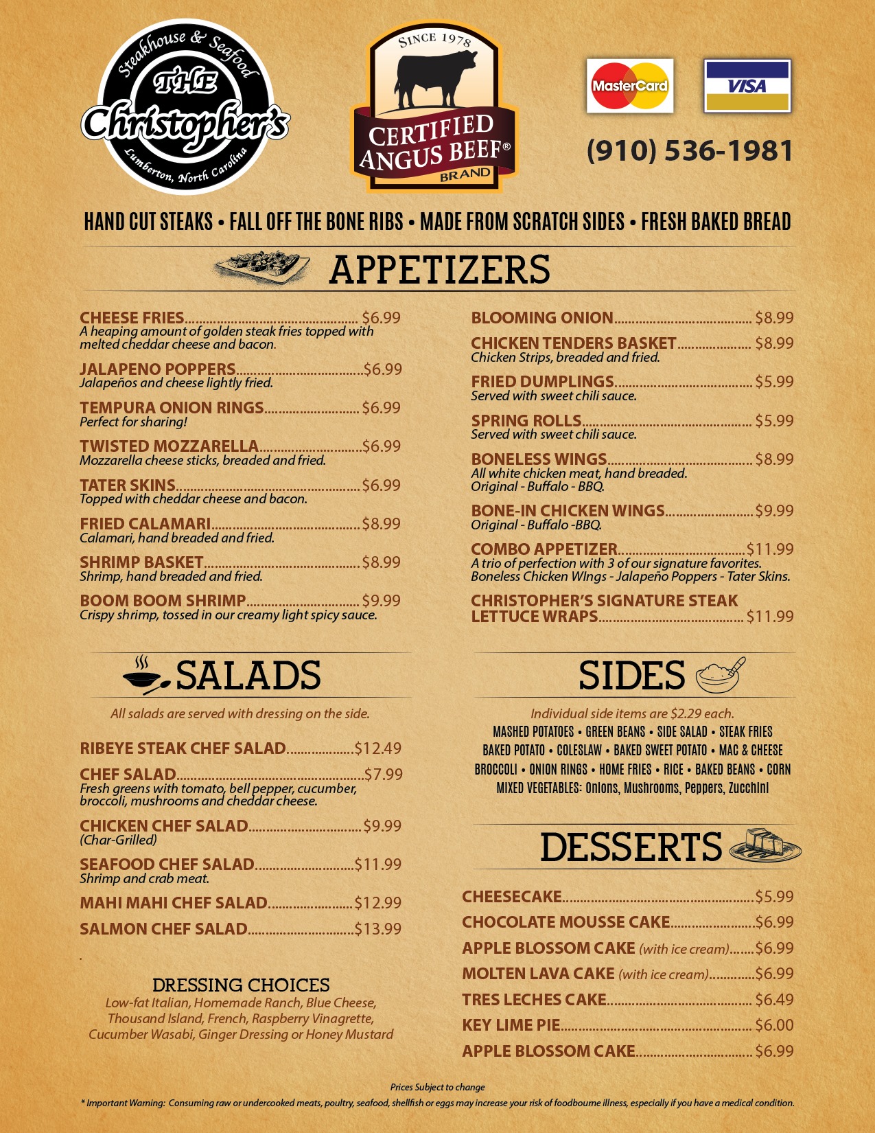 Christophers Steakhouse And Seafood General Menu