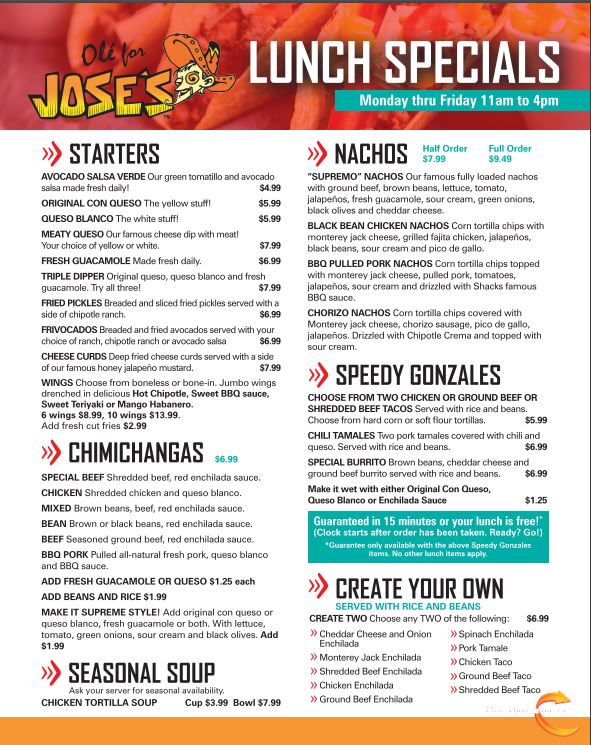 Joses Bar And Grill General Menu