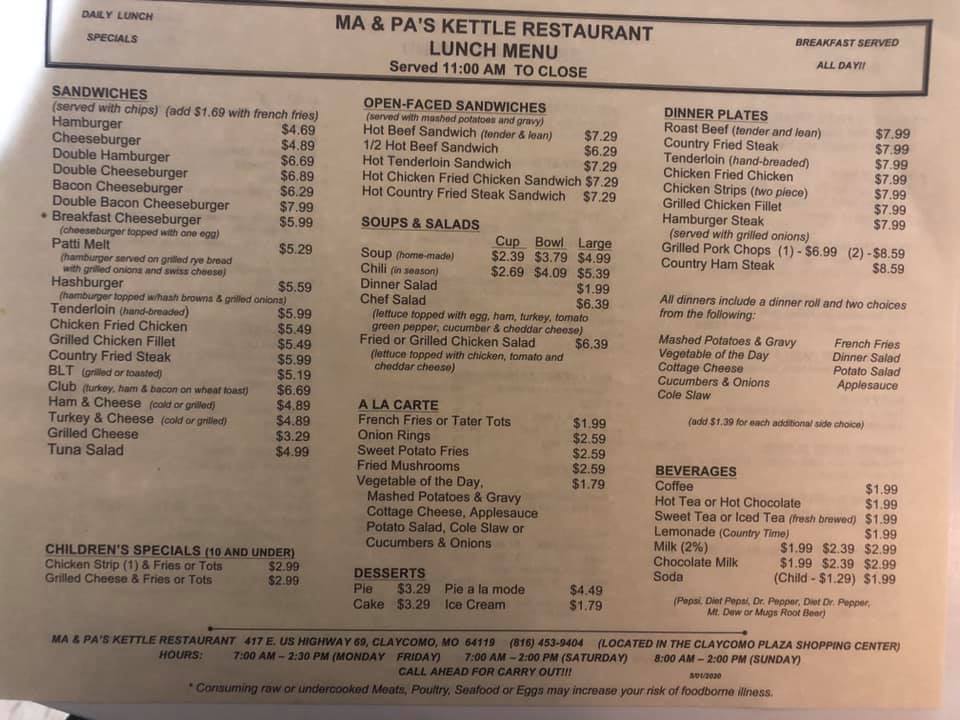 Ma And Pas Kettle Restaurant General Menu