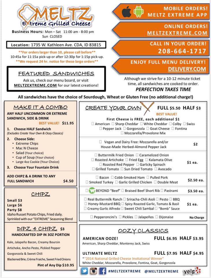 Meltz Extreme Grilled Cheese Lunch Menu