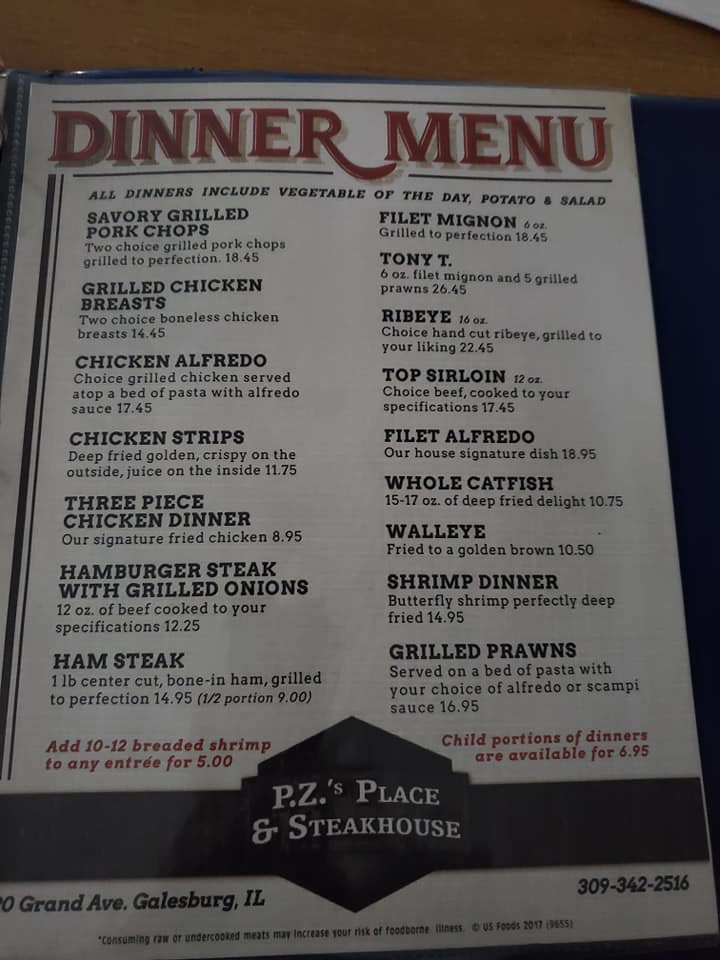 Pz's Place & Steakhouse General Menu