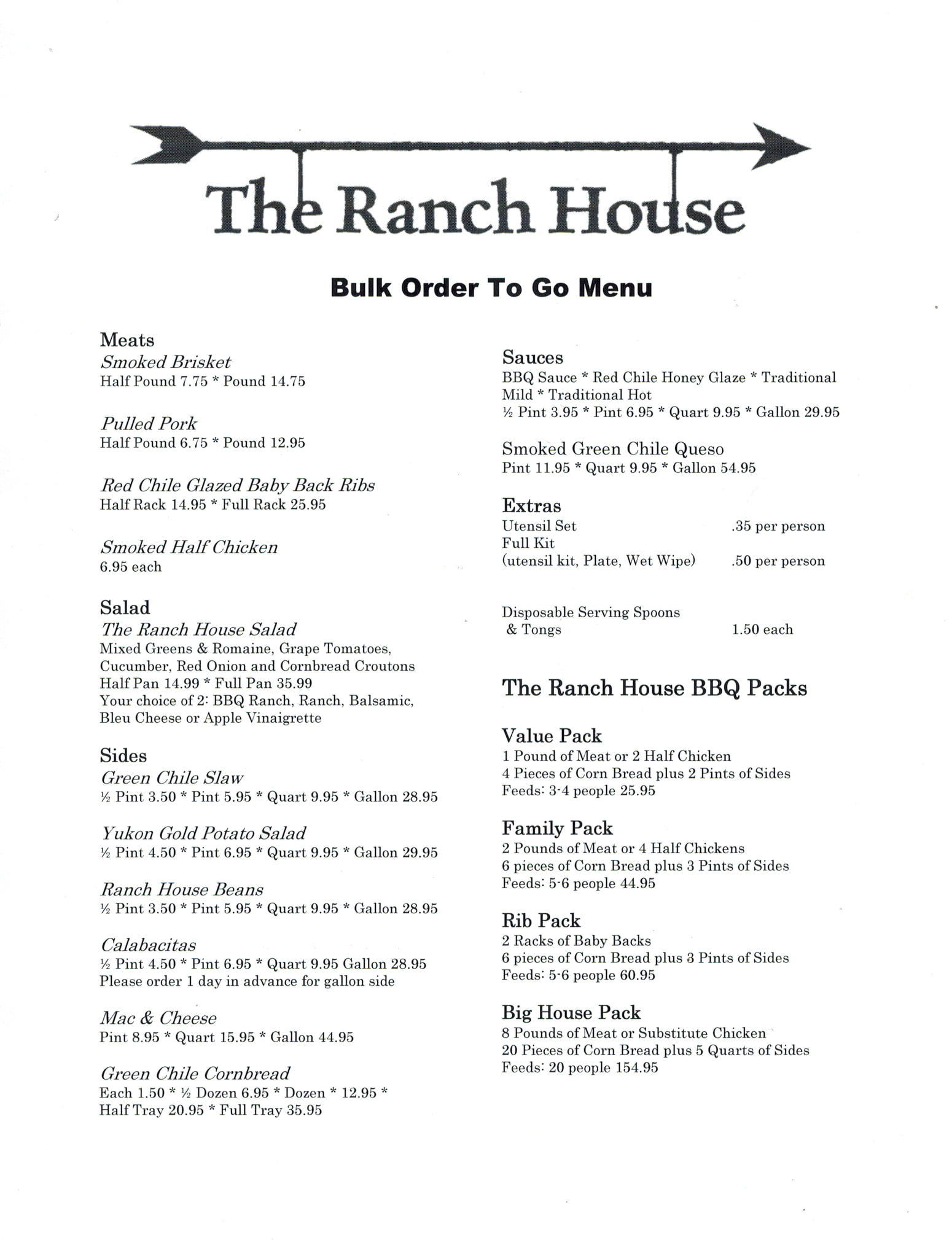 The Ranch House General Menu