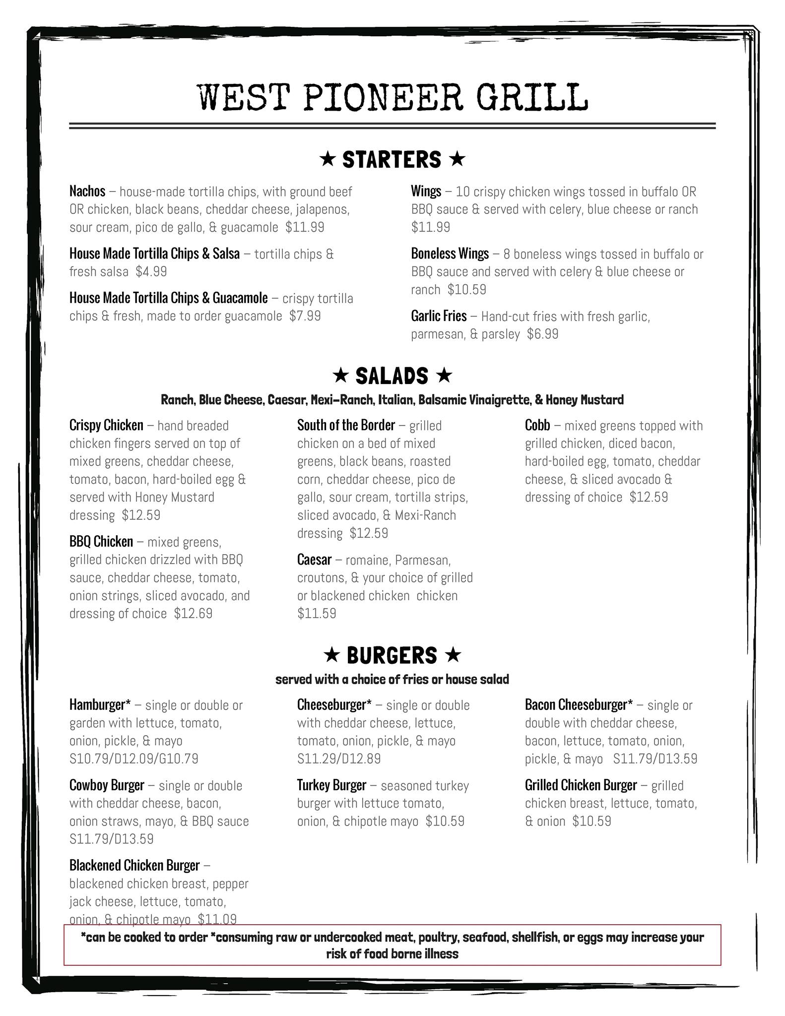 West Pioneer Grill General Menu